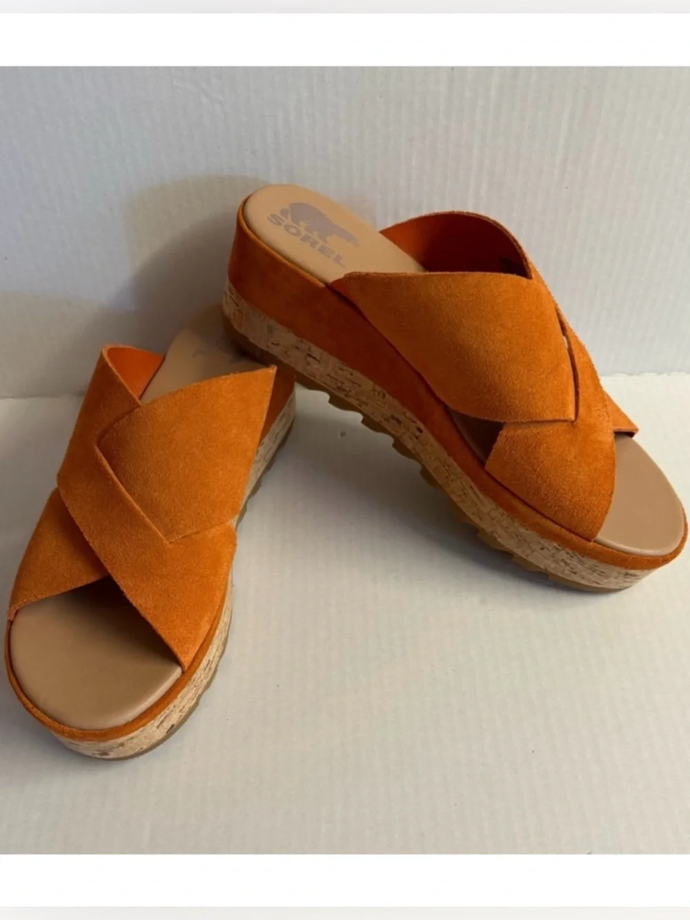 Sorel Cameron Orange Suede Cork-Platform Crossband Slide.Size 10